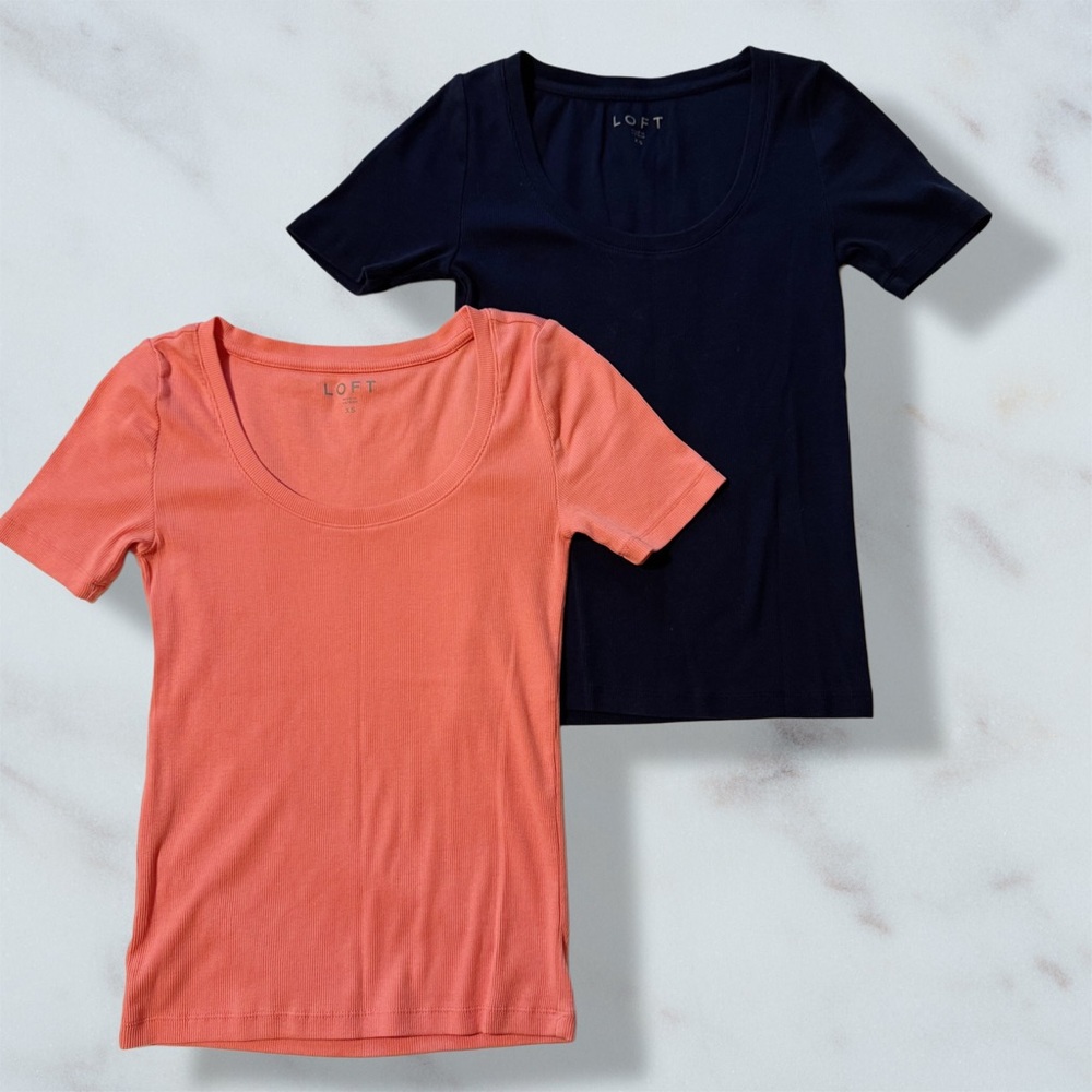 LOFT Coral and Navy Blue Ribbed Scoop Neck Short Sleeve Tees 2-Pack Size XS